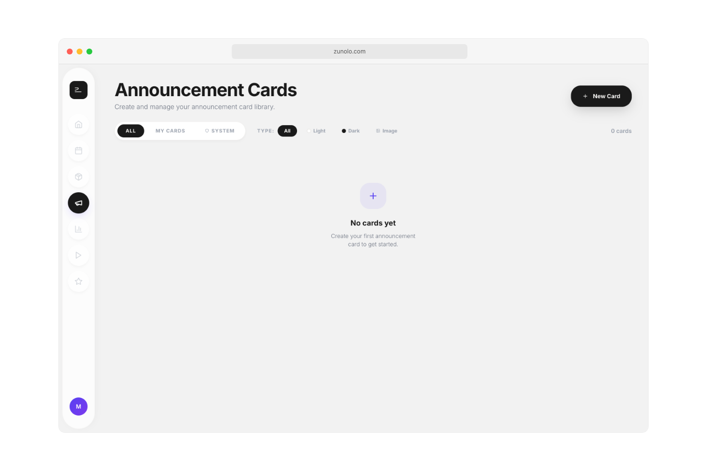 The Zunolo card editor in the speaker dashboard showing the creation and editing interface with a live card preview