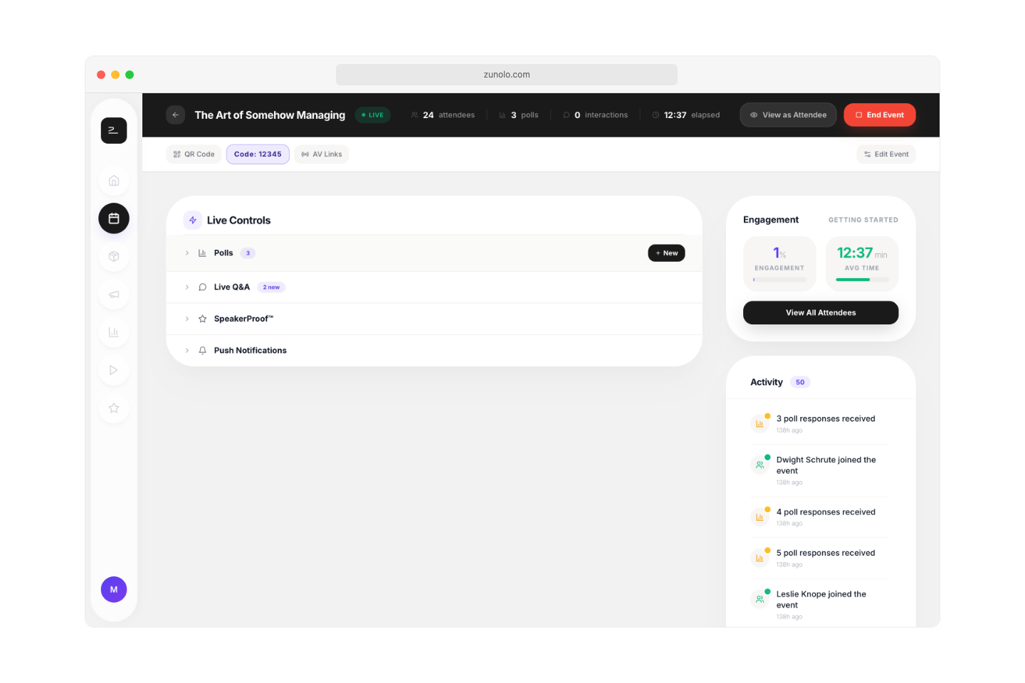 Zunolo speaker dashboard showing poll management view with active poll, response count, and real-time results