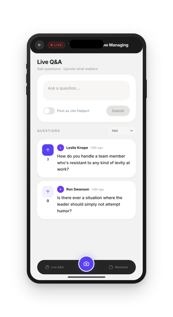 Zunolo Live Q&A attendee view showing question submission and upvoting interface on a mobile phone