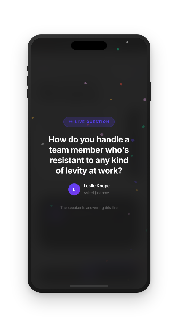 Zunolo Live Q&A full-screen broadcast showing a selected question with confetti celebration on mobile