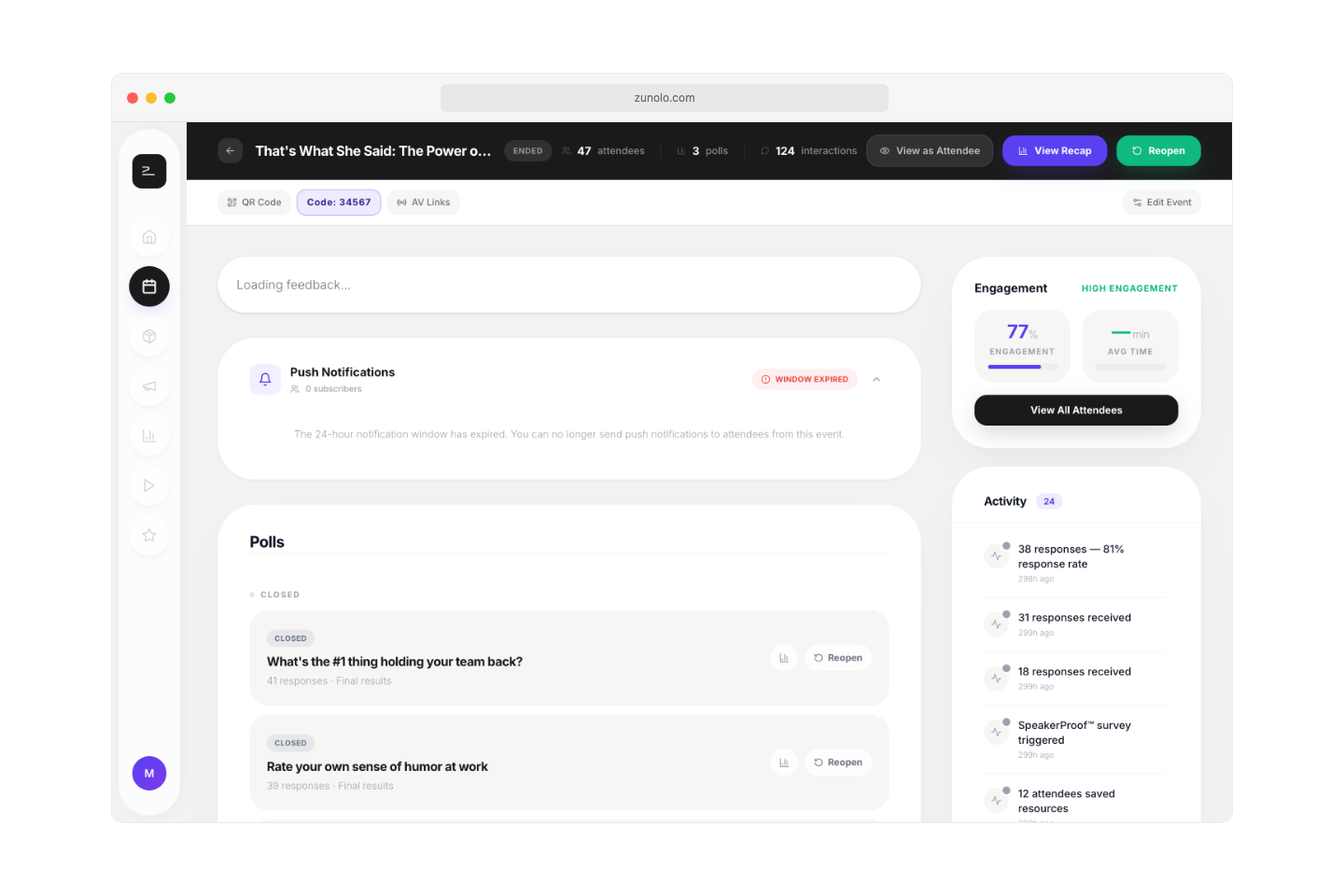 Zunolo speaker dashboard showing Q&A management panel with broadcast, mark answered, and answer later controls