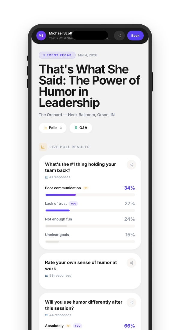 Attendee AI Recap on a mobile phone showing a scrollable view with talk summary card, Q and A with AI-summarized answers, personal notes, and resource download links
