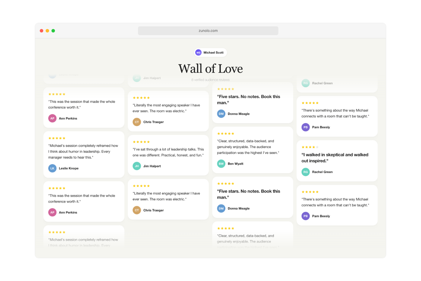 Speaker dashboard showing the Wall of Love with approved audience testimonials, star ratings, and behavioral engagement data